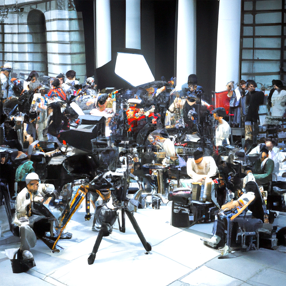 A photograph of a group of moviemakers shooting a Hollywood movie.