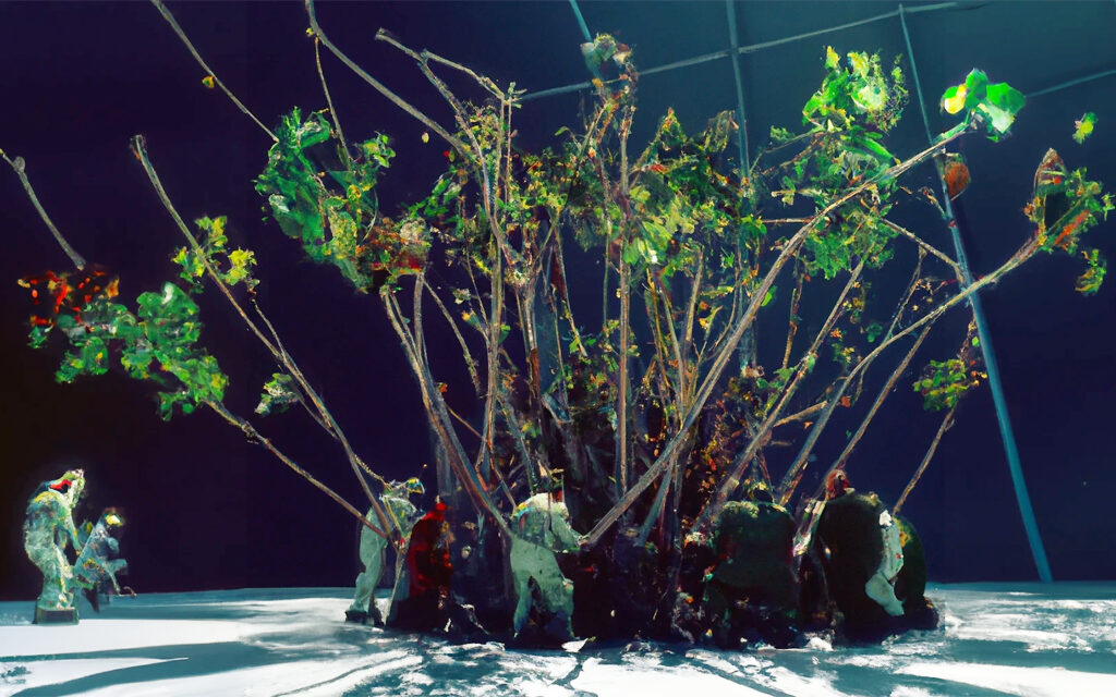 A photograph by Wim Wenders depicting a group of people growing trees in a space station.
