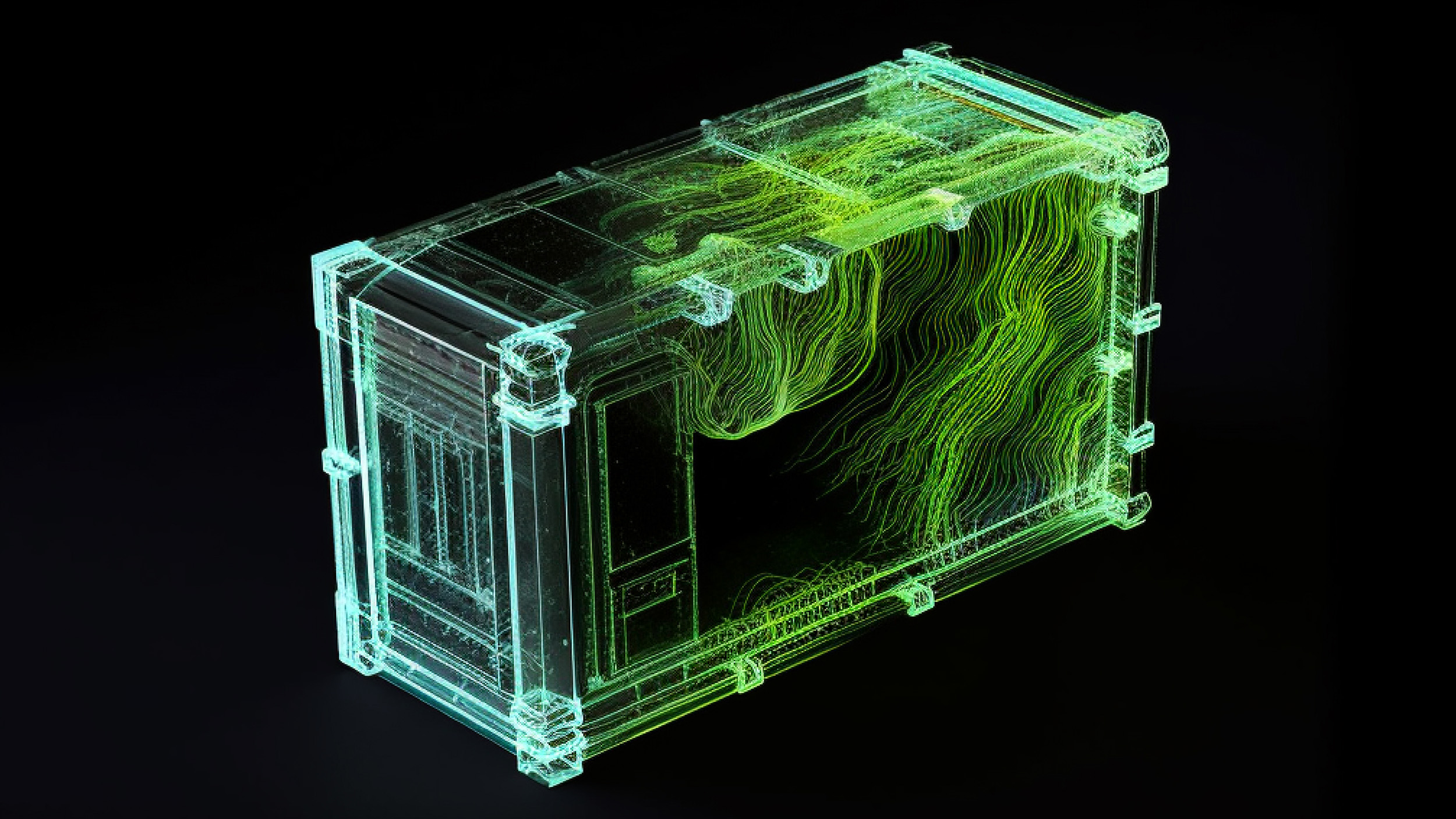 A digitally rendered image of a battery with glowing green details, depicted in a futuristic style.