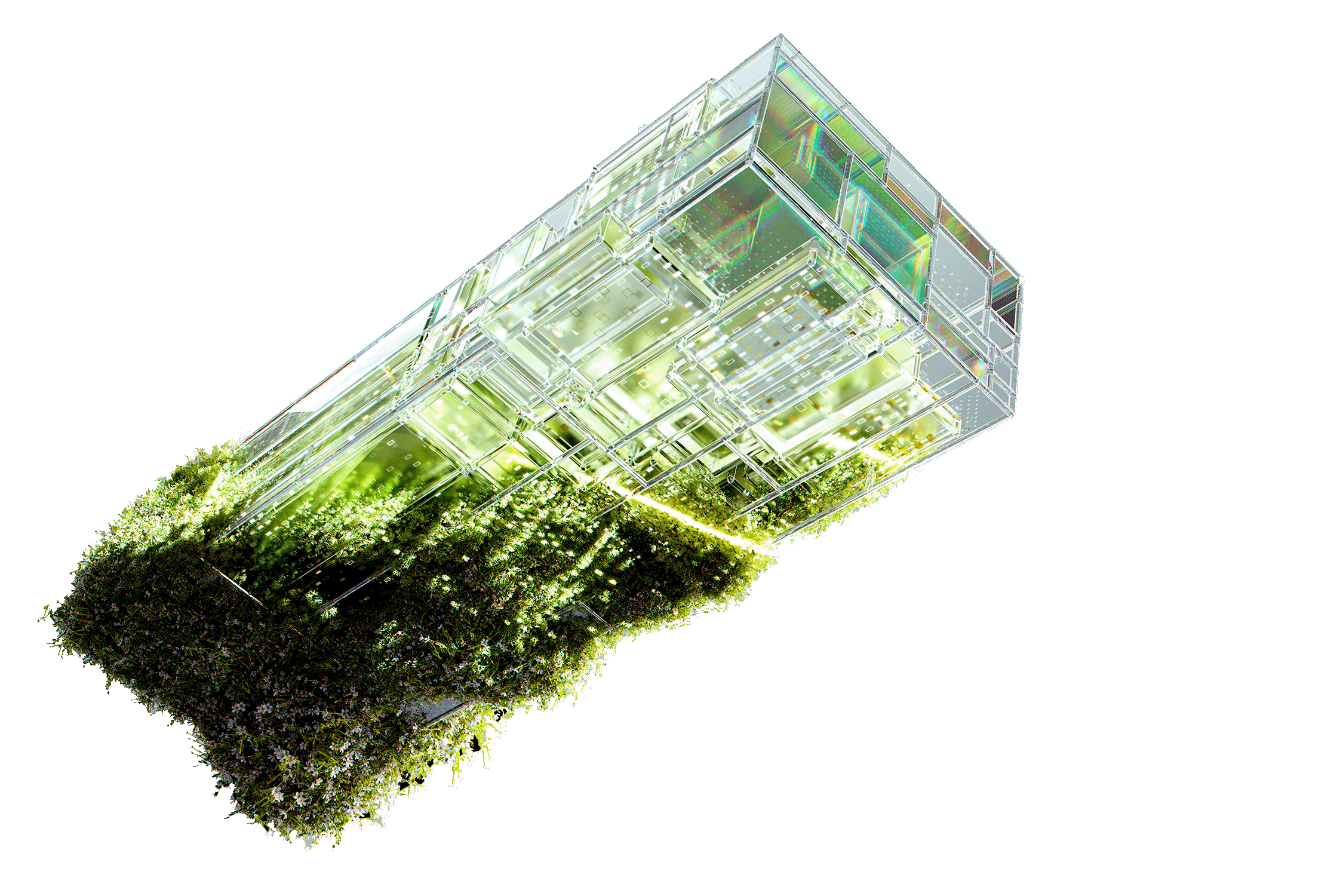 A futuristic looking transparent battery, starting to be covered by natural plant overgrowth.