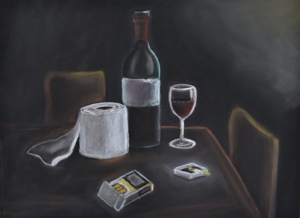 One of Philippe Rudaz's paintings, in a still-life style, and showing a bottle of wine, a filled glass of wine, an opened pack of cigarettes and a roll of toilet paper.