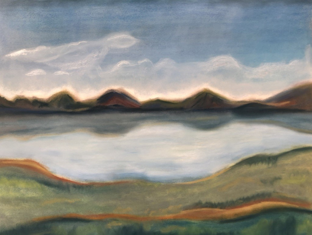 A painting by Philippe Rudaz, showing a landscape featuring a lake and mountains in the distance.
