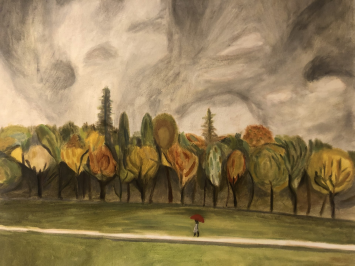 One of Philippe Rudaz's paintings showing a woman with a red umbrella walking on a path that is lined with fall-coloured trees.